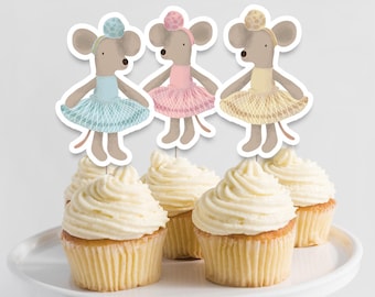 Adornos para cupcakes de ratón, juego de 3, decoración de cumpleaños de bailarina para niña, adornos para cupcakes de princesa imprimibles, cumpleaños de ratón, cupcakes para fiesta de té