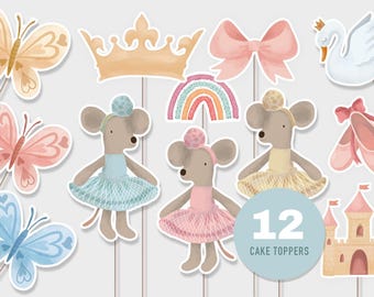 Adornos para cupcakes de ratón completos, juego de 12, fiesta de té de princesa bailarina, primer cumpleaños de hada, princesa rosa imprimible, descarga instantánea