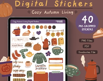 Acogedoras pegatinas de planificación digital de otoño, pegatinas prerecortadas, pegatinas lindas de GoodNotes, scrapbooking de otoño, pegatinas de planificador digital