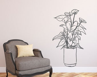 Hand Drawn Flamingo Flower Potted Plant Wall Decal, modern home decor B001