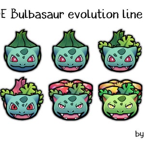Peut inclure: Présentation de six badges de la ligne d'évolution de Bulbasaur. Chaque badge représente un personnage Bulbasaur à différents stades d'évolution, avec des détails verts et rouges. Le texte "PREMADE Bulbasaur evolution line Badges" est en haut, et "by nokaNaito" en bas.