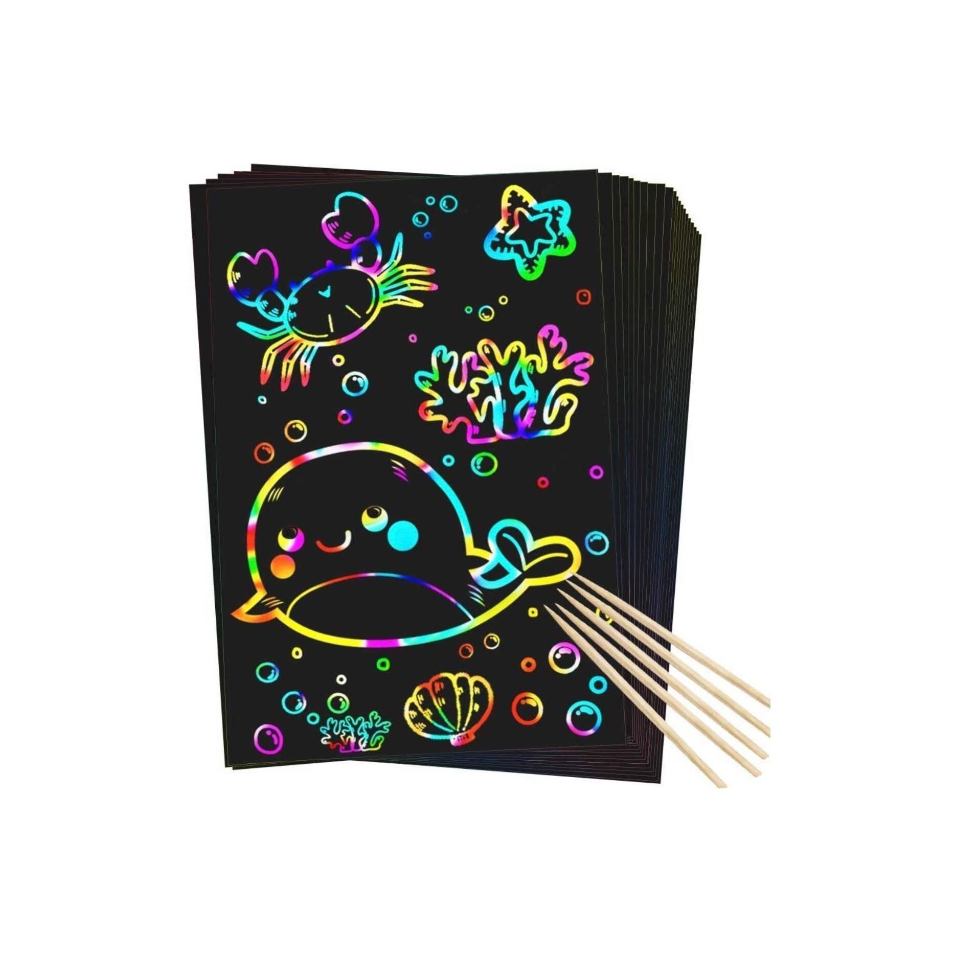 Set: 8 Scratch Cards Clean Brush Dored Magic Scratch Art Paper Rainbow Painting Sketch Pads for Adults and Kids DIY Mini Scratch Off Art Postcard Doodle Note Scratch Drawing Pen Girls A4 