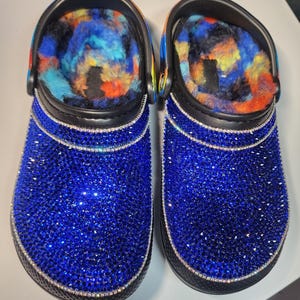 Handmade Blinged, Rhinestoned Custom Bedazzled  Blue Crocs Sparkly Footwear Rainbow Fur lined. Great gift ideas, gifts for her, Women shoe