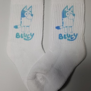 Handmade Bluey Socks. Crew Socks for Kids in Size 6-10 1/2 shoes. Gift ideas for Girl /Boy. Christmas, stockings stuffers, unique gifts.