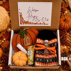 May include: A cardboard gift box labeled Warm Hugs containing a wooden pumpkin with a Give Thanks tag, a small orange pumpkin candle, a lip balm, a tube of melon hand cream, and a pair of black, white, and orange patterned socks with matches.