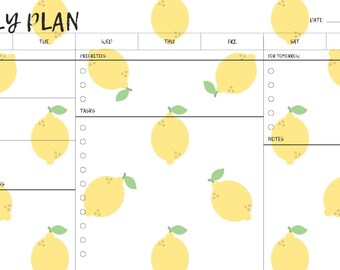 Puede incluir: Un planificador diario blanco con un tema de limón. El planificador tiene secciones para intenciones, nutrición, cuidado personal, movimiento, afirmaciones diarias, tareas y notas. Los días de la semana están listados en la parte superior: lunes, martes, miércoles, jueves, viernes, sábado y domingo.