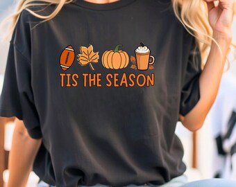 Tis The Season Shirt | Herbst Kaffee Shirt, heißes Kaffee Shirt, Kaffee-Liebhaber-Shirt, Herbst Shirt, Kürbis Latte Getränk, Herbst Fußball Shirt