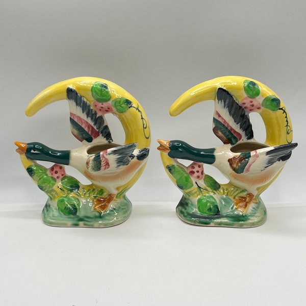 Duck Wall Pocket, Ceramic Duck Vase, Set of 2 Wall Pockets, Bird Planters, Mallard Ducks, Hand Decorated by Florart, Vintage Japan