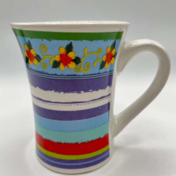 Vintage Vintage Rainbow Mug, Vintage Bright Striped Mug, Floral Mug, Ceramic Coffee Mug, 1990s