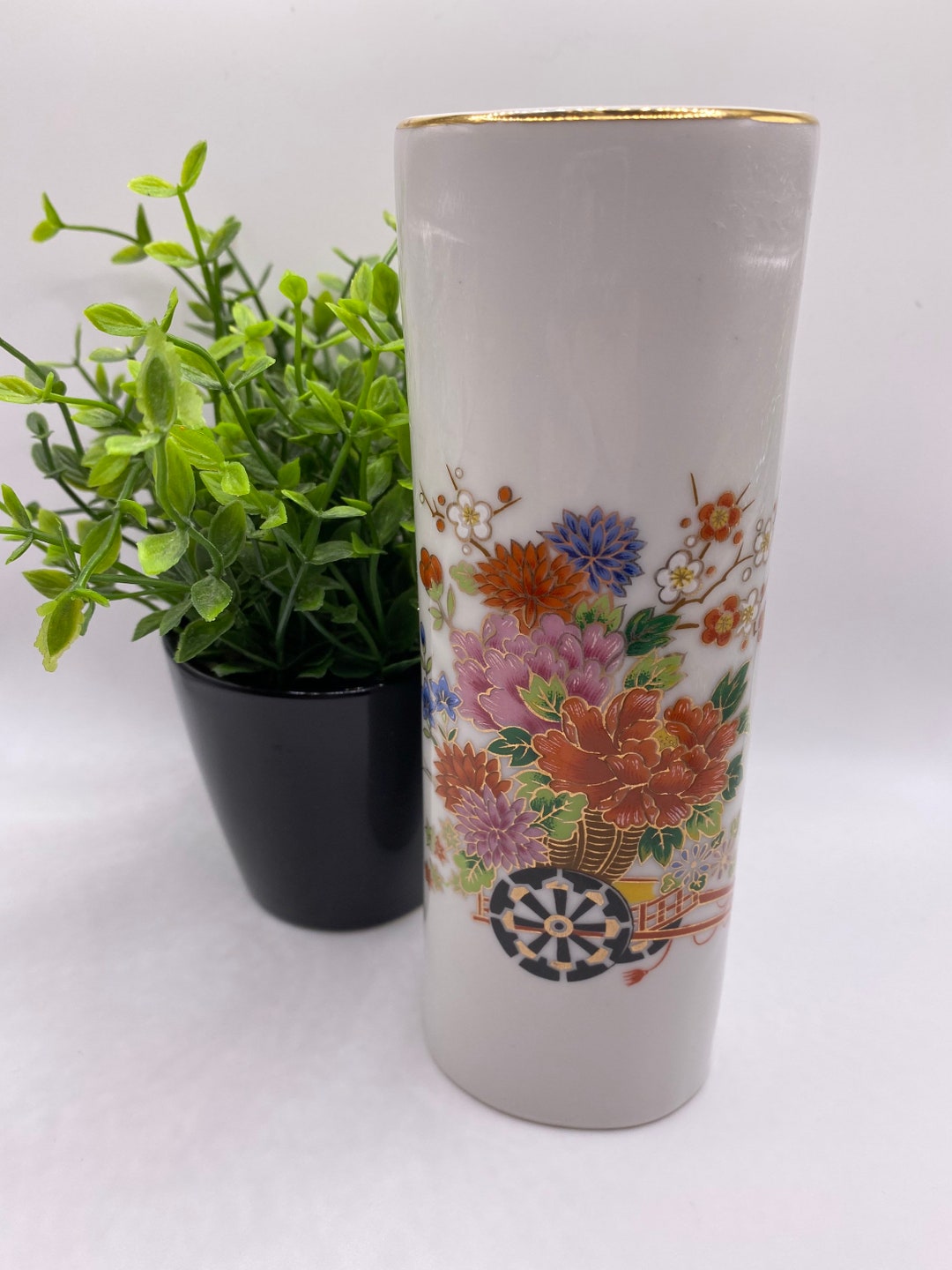 Vintage Japanese Vase With Flowers and Gold Accents, Cylinder Slim