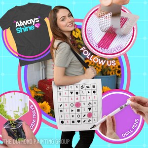 May include: A tote bag with a diamond painting design on it. The design includes the words "Diamond Art" and "Follow Us". The bag is white with black lettering and pink diamond shapes. The bag is being held by a person wearing a black shirt with the words "Always Shine" on it.