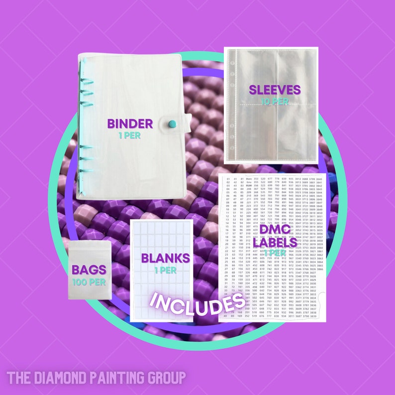 May include: A white binder with a clear plastic sleeve, a pack of 100 clear plastic bags, a sheet of blank labels, and a sheet of DMC labels. The text "INCLUDES" is printed in large letters below the items. The text "THE DIAMOND PAINTING GROUP" is printed at the bottom of the image.