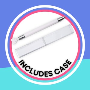May include: A white pen with a silver clip and a clear plastic case. The case has the words "INCLUDES CASE" printed on it.