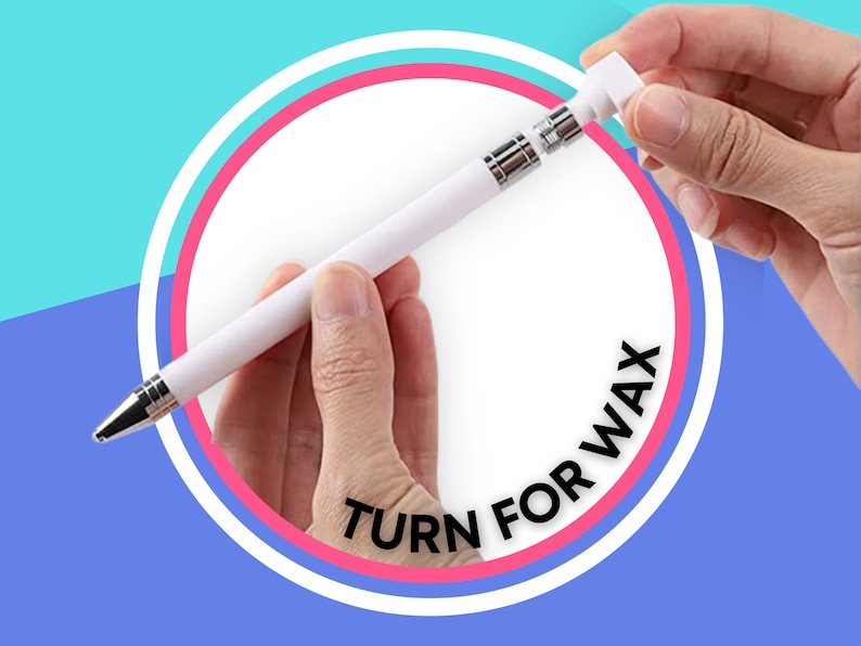 May include: A white pen with a silver twist mechanism. The pen has a white cap that can be unscrewed to reveal a wax stick. The text "TURN FOR WAX" is printed on the pen.