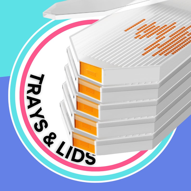 May include: Stack of white trays with orange accents and lids. The trays have a geometric design and are stacked on top of each other. The text "TRAYS & LIDS" is in the image.