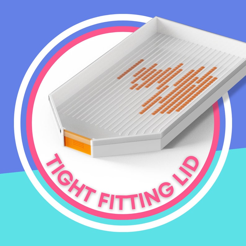 May include: White plastic diamond painting tray with orange beads arranged in a pattern. The tray has a tight-fitting lid and is set against a colorful background. The words "TIGHT FITTING LID" are printed on the image.