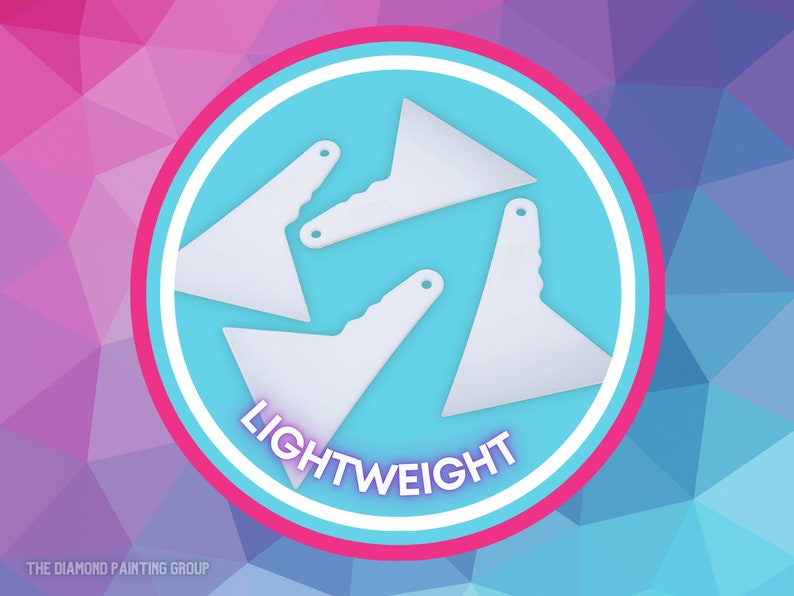 May include: Three white plastic squeegees with a rounded edge and a handle with a textured grip. The squeegees are arranged in a circle on a blue background with the word "LIGHTWEIGHT" in white letters. The background is a pink and blue geometric pattern.