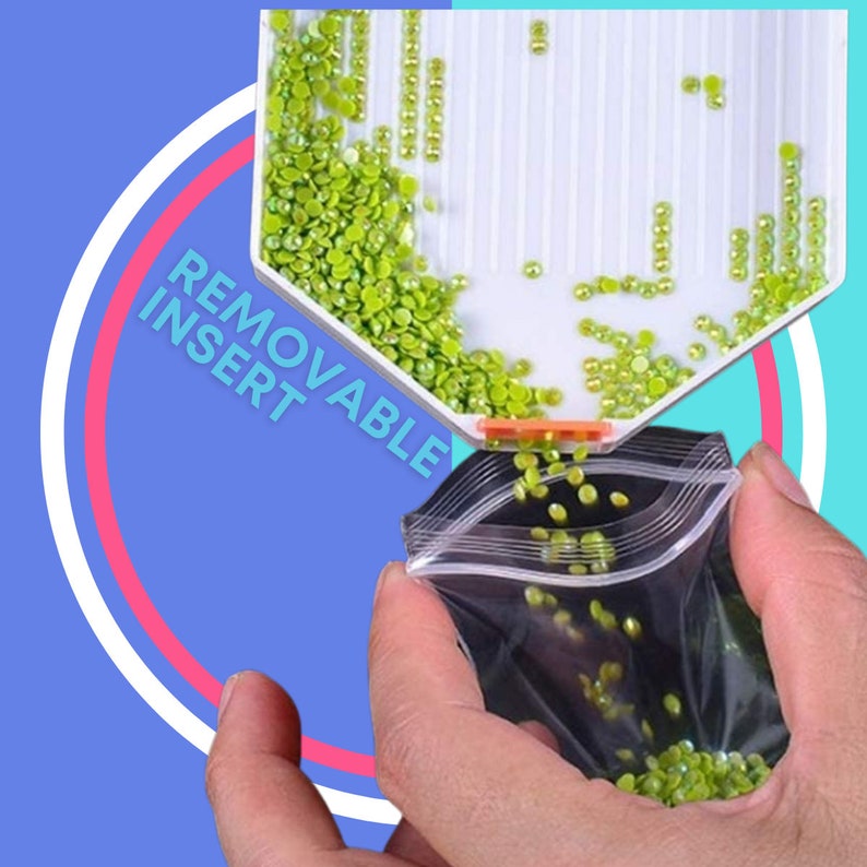 May include: A white plastic tray with green diamond-shaped beads is shown, with the text "REMOVABLE INSERT". The beads are being poured into a clear plastic bag. The background is blue with a pink and white curved design.