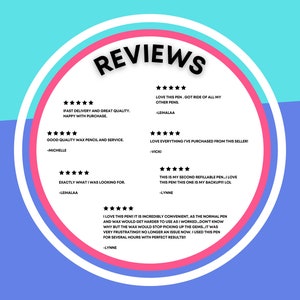 May include: A white circle with a pink border and the word "REVIEWS" in black text. The circle contains five-star reviews for a product, with customer names and comments. The reviews are positive and highlight the product's quality, convenience, and effectiveness.