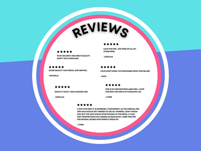 May include: A white circle with a pink border and the word "REVIEWS" in black text. The circle contains five-star reviews for a product, with customer names and comments. The reviews are positive and highlight the product's quality, convenience, and effectiveness.