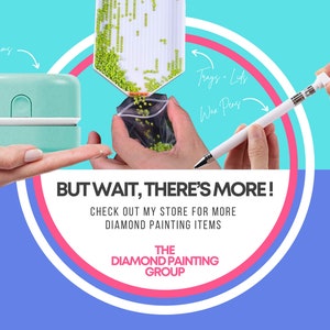 May include: An image showcasing diamond painting accessories. A teal vacuum, trays, lids, and a wax pen are featured. The text "BUT WAIT, THERE'S MORE!" and "CHECK OUT MY STORE FOR MORE DIAMOND PAINTING ITEMS" are also visible.