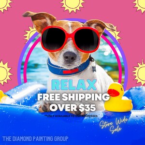 May include: A cartoon dog wearing sunglasses and a blue collar floats on a blue inflatable ring with a yellow rubber ducky. The text "RELAX FREE SHIPPING OVER $35" is in blue and white. The text "*ONLY AVAILABLE TO USA ADDRESSES" is in black. The text "Store Wide Sale" is in black and white.