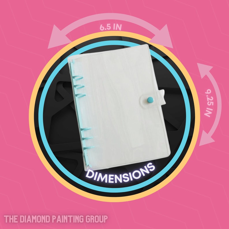 May include: A white, clear plastic binder with a blue button closure. The binder is 9.25 inches tall and 6.5 inches wide. The text "DIMENSIONS" is printed in white on a blue background.