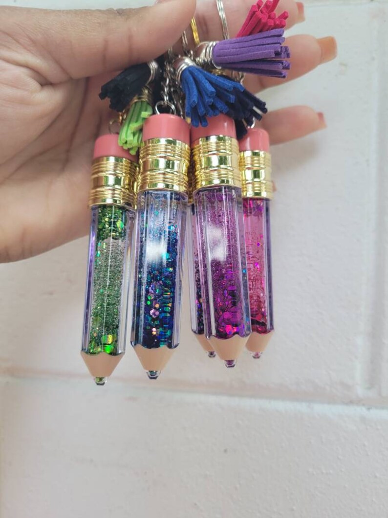 Glitter Filled Pencil Keychains Personalized Teacher Etsy