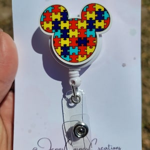 Autism Awareness Badge Reel , Mouse Head Badge Holder for ASD, Puzzle Piece Keycard Holder, ID Badge Holder for Nurse, Medical Badge Reel