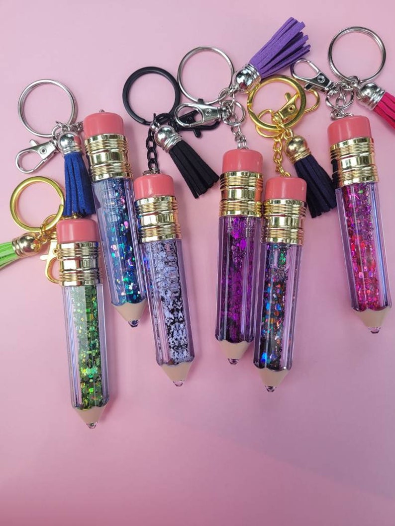 Glitter Filled Pencil Keychains Personalized Teacher Etsy