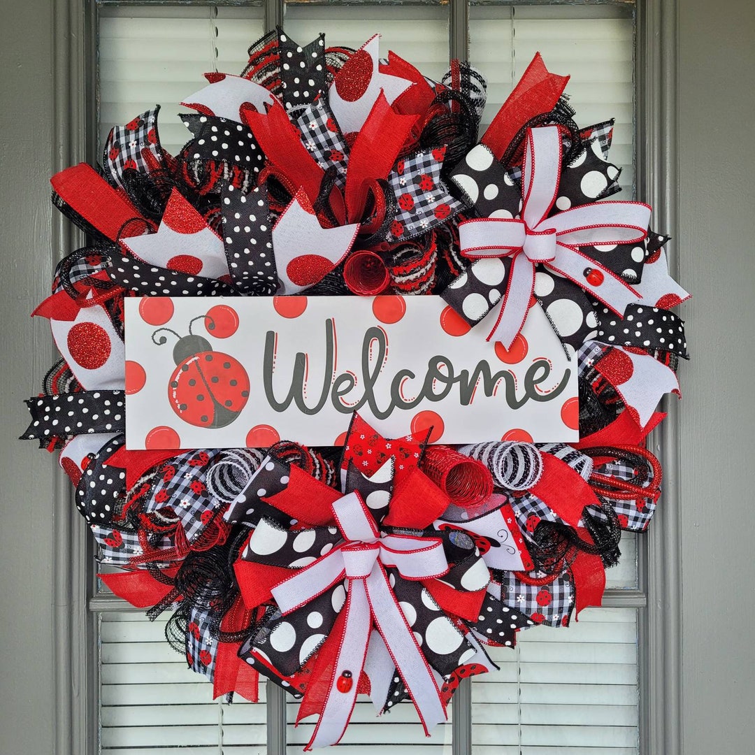 Lady Bug Wreath, Spring Wreath, Lady Bug Summer Wreath, Welcome Wreath ...