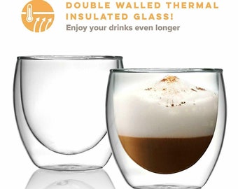 2 8oz Double Wall Tea Coffee Mugs, Thermal Insulated Glass Modern Drink ware, Kitchen Cafe Mug Glasses, 250ML No Handle