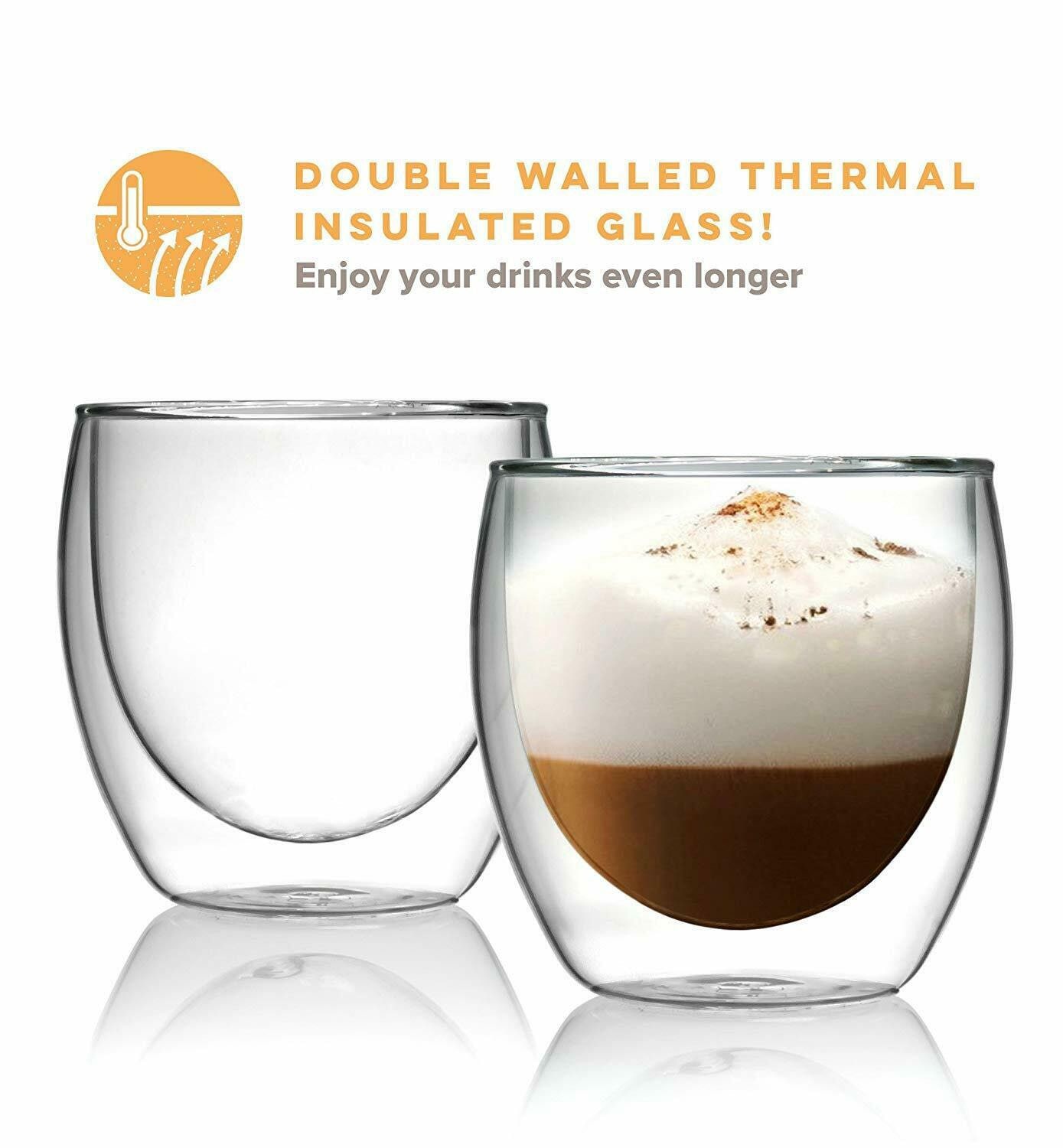 4 8oz Double Wall Tea Coffee Mugs, Thermal Insulated Glass Modern
