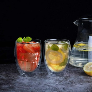 Set of 4 12oz Double Wall Tea Coffee Juice Mugs, Thermal Insulated Glass Drink ware, Kitchen Cafe Mug Glasses, 350ML Matcha Juice No Handle