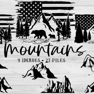 Puede incluir: Arte digital en blanco y negro con tem&aacute;tica de monta&ntilde;as. El dise&ntilde;o incluye siluetas de monta&ntilde;as, &aacute;rboles y fauna, con un fondo de la bandera estadounidense. La palabra "mountains" est&aacute; escrita en una fuente de guion, con el texto "9 IMAGES &bull; 27 FILES" debajo.