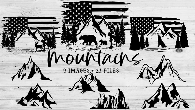Puede incluir: Arte digital en blanco y negro con tem&aacute;tica de monta&ntilde;as. El dise&ntilde;o incluye siluetas de monta&ntilde;as, &aacute;rboles y fauna, con un fondo de la bandera estadounidense. La palabra "mountains" est&aacute; escrita en una fuente de guion, con el texto "9 IMAGES &bull; 27 FILES" debajo.