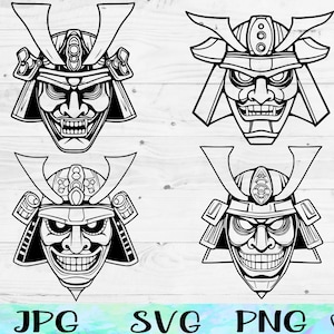 Samurai Mask SVG, Oni Mask SVG, Samurai Vector, Japanese Warrior Samurai Silhouette, Oni Mask Clipart, Samurai Clipart Oni Mask Illustration