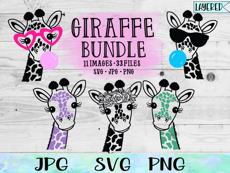 Puede incluir: Un paquete de descarga digital de 11 im&aacute;genes de jirafas en varias poses, incluyendo el uso de gafas de sol, una m&aacute;scara de ojos en forma de coraz&oacute;n y una corona de flores. Las im&aacute;genes est&aacute;n disponibles en formatos JPG, SVG y PNG. El texto "Giraffe Bundle" est&aacute; escrito en letras negras sobre las im&aacute;genes. El texto "11 Images - 33 Files" est&aacute; escrito en letras negras debajo de las im&aacute;genes. El texto "SVG - JPG - PNG" est&aacute; escrito en letras negras debajo del texto "11 Images - 33 Files".