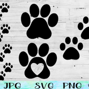 Paw Prints SVG, Animal Paw Prints SVG, Paw Silhouette PNG, Dog Paw Print Heart Jpg, Animal Tracks Print, Dog Paw Decal Svg, Cute Dog Paws