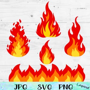 May include: A set of five red and yellow flame illustrations. The flames are in different shapes and sizes, and some are layered on top of each other. The flames are on a white wooden background.