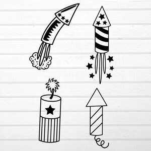May include: Four black and white illustrations of fireworks. The first is a rocket with a star-shaped tip and a trail of smoke. The second is a rocket with a star-shaped tip and a trail of stars. The third is a firework with a star-shaped tip and a wick. The fourth is a rocket with a striped body and a trail of smoke.