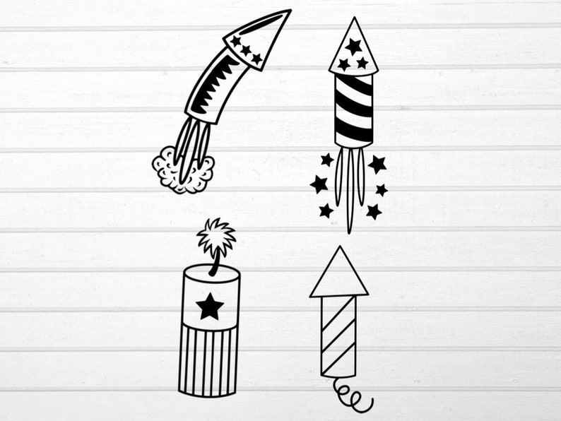 May include: Four black and white illustrations of fireworks. The first is a rocket with a star-shaped tip and a trail of smoke. The second is a rocket with a star-shaped tip and a trail of stars. The third is a firework with a star-shaped tip and a wick. The fourth is a rocket with a striped body and a trail of smoke.