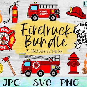 Puede incluir: Un paquete de clipart digital de 21 imágenes y 63 archivos que presenta un camión de bomberos rojo, un perro dálmata, una boca de incendios, un extintor, una manguera de incendios, un casco de bombero, un hacha de bomberos, una escalera de bomberos, un logotipo de estación de bomberos y una fogata. El texto "Firetruck Bundle" está escrito en amarillo sobre un fondo amarillo.