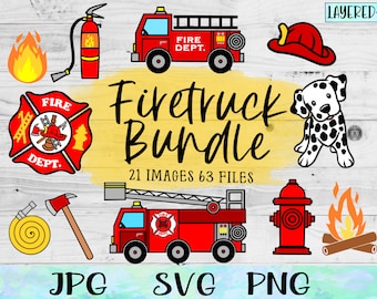 May include: A digital clipart bundle of 21 images and 63 files featuring a red fire truck, a dalmatian dog, a fire hydrant, a fire extinguisher, a fire hose, a fireman's helmet, a fire axe, a fire ladder, a fire station logo, and a campfire. The text "Firetruck Bundle" is written in yellow on a yellow background.