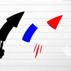 May include: A black rocket with a blue flame and a red triangle on a white background.