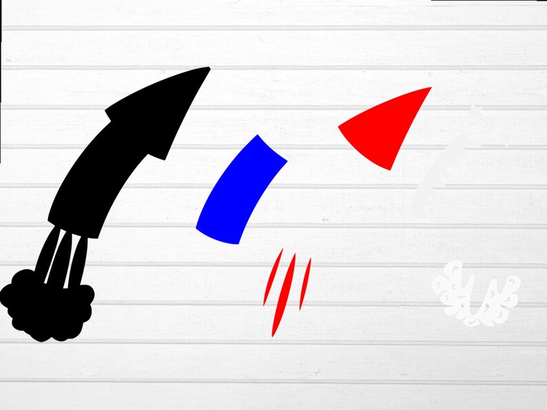 May include: A black rocket with a blue flame and a red triangle on a white background.