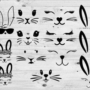 Op de afbeelding: Een set van 16 zwart-witte illustraties van konijnengezichten. De illustraties omvatten konijnenoren, ogen, neuzen en monden. Sommige illustraties hebben wimpers, bloemen en zonnebrillen.