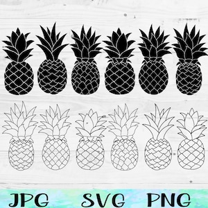 May include: A set of 10 black and white pineapple silhouette illustrations. The pineapples are arranged in two rows, with five pineapples in each row. The pineapples are all facing the same direction.