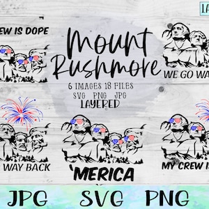 Puede incluir: Un diseño digital que presenta una ilustración en blanco y negro del Monte Rushmore con el texto "Mount Rushmore" en negro. El diseño también incluye el texto "My Crew is Dope" y "We Go Way Back" en negro. El diseño está en capas e incluye 6 imágenes y 18 archivos en formatos SVG, PNG y JPG.