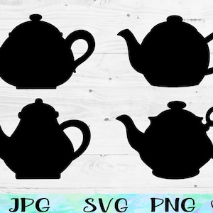 Könnte beinhalten: Vier schwarze Silhouettenbilder von Teekannen auf einem weißen Holzgrund. Die Teekannen sind alle in verschiedenen Formen und Größen.